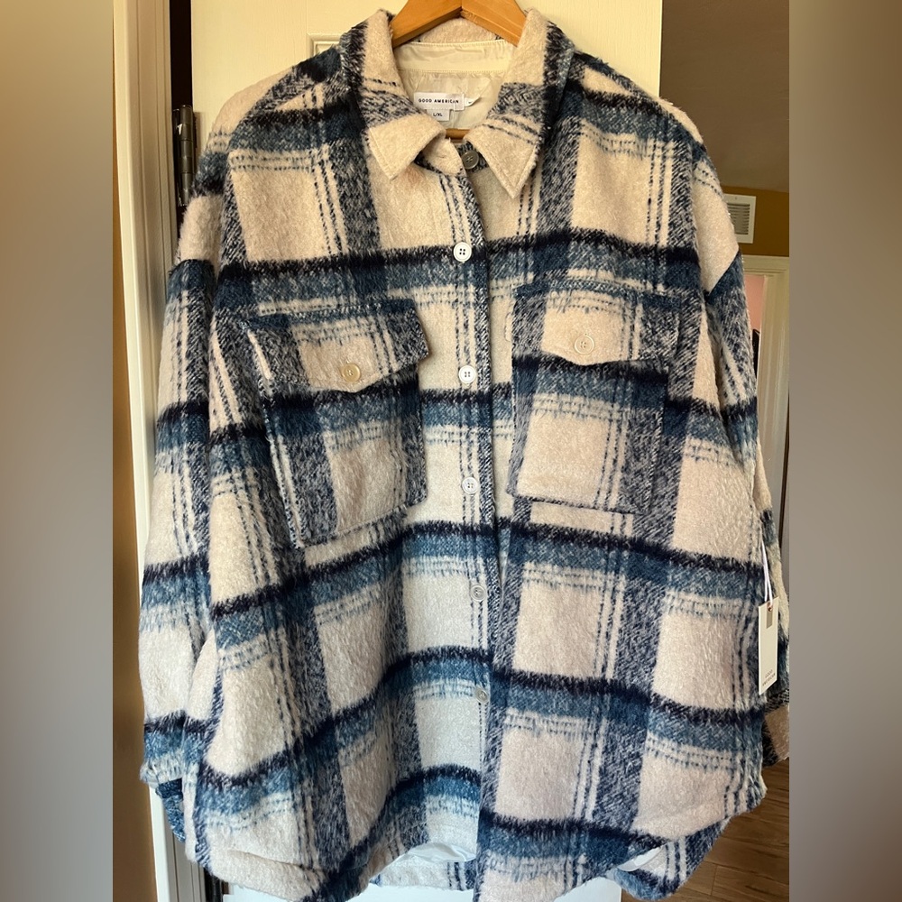 NWT: Anthropologie, Good American Cream and Indigo Plaid Jacket - sold out - Picture 2 of 12